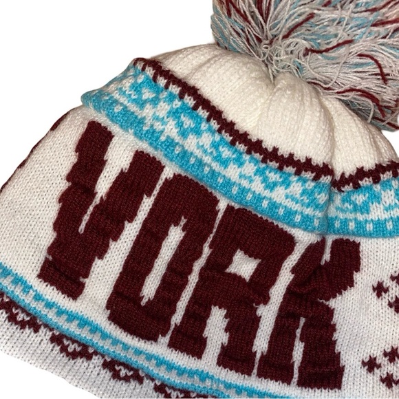 New York Beanie Trapper Hat w/ Ear Flaps, Braided Ties and Pom Poms WHT-BLU-BUR - Picture 4 of 7